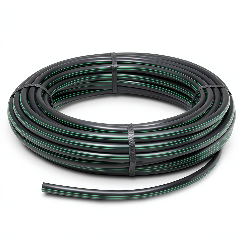 لفة أنابيب بلاستيك HDPE ضغط 6.2 بار PE63 110 مم SDR 13.6 أسود مع خطوط خضراء