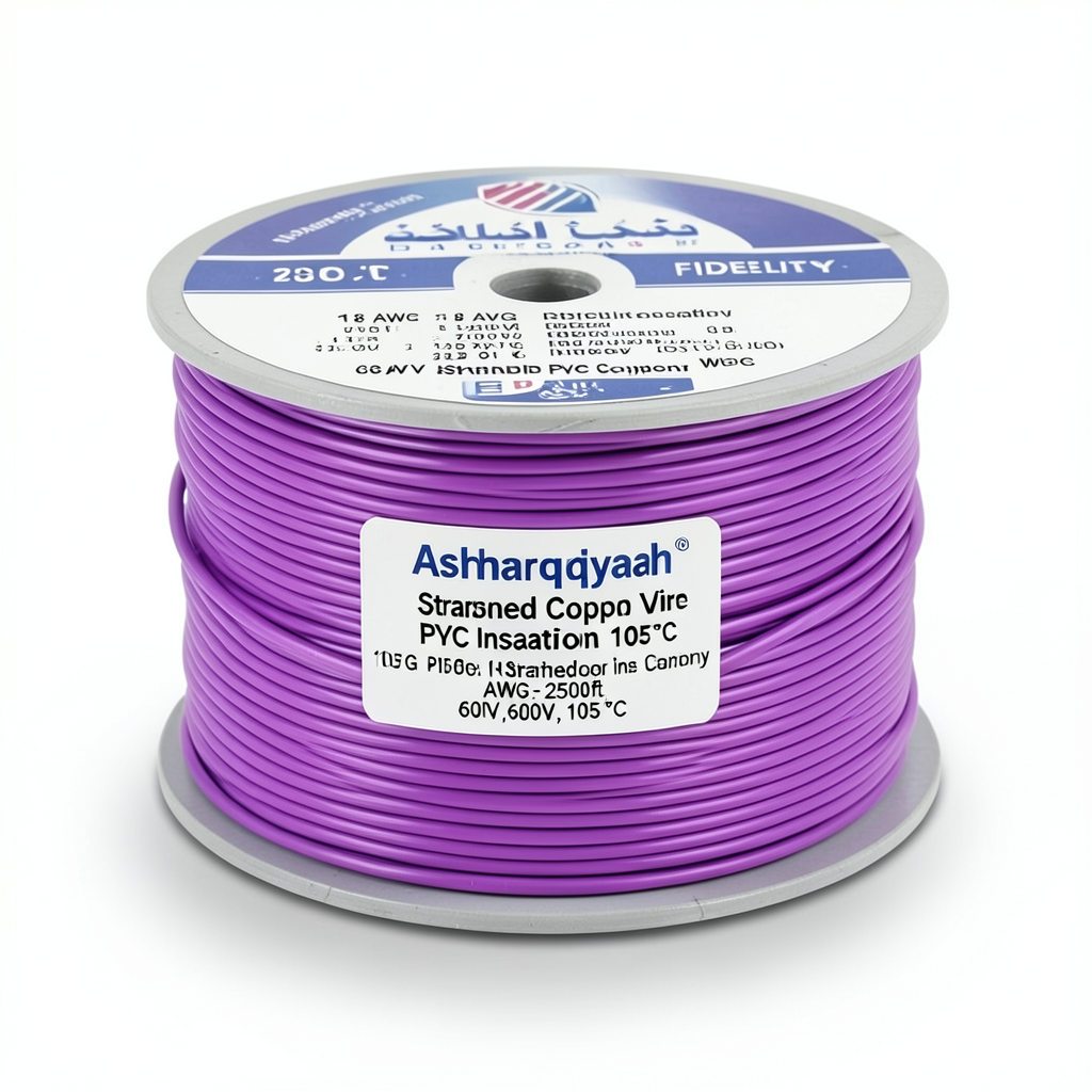 سلك نحاس مجدول 18 AWG عزل PVC 105°C بنفسجي، 600 فولت، 2500 قدم | شركة كابلات الشرقية للصناعة