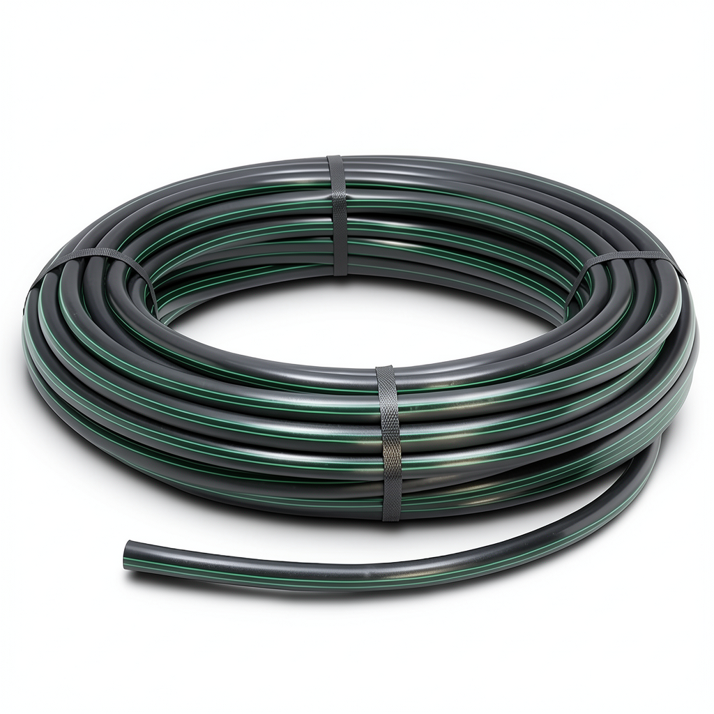 لفة أنابيب بلاستيك HDPE ضغط 6.2 بار PE 63 قطر خارجي 50 مم SDR 13.6 أسود مع خطوط خضراء