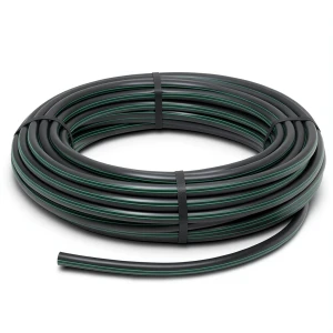لفة أنابيب HDPE بلاستيكية ضغط اسمي 6.2 بار PE 63، قطر خارجي 90 مم SDR 13.6 أسود مع خطوط خضراء