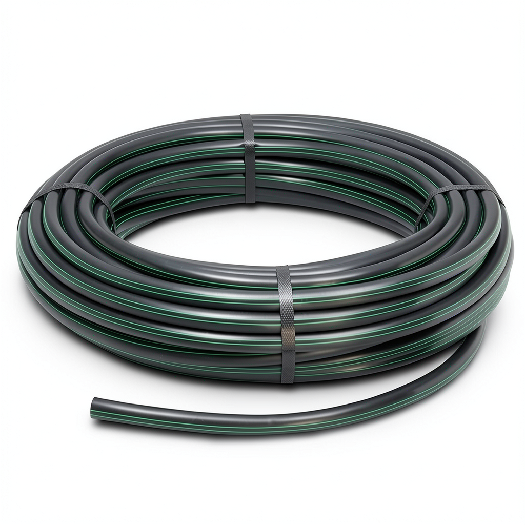 لفة أنابيب بلاستيك HDPE ضغط 6.2 بار PE63 110 مم SDR 13.6 أسود مع خطوط خضراء
