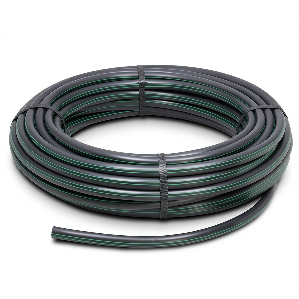 لفة أنابيب HDPE ضغط 6.2 بار PE 63 قطر خارجي 140 مم SDR 13.6 أسود مع خطوط خضراء