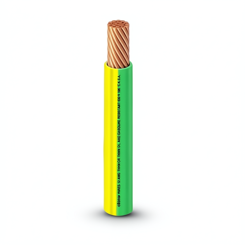 كابل نحاس THHN/THWN معزول PVC 105°C الفنار 1.31 مم² قطر 2.5 مم 600 فولت 300 قدم أصفر مع أخضر | شركة الفنار