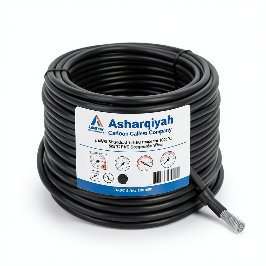 سلك نحاس مجدول 3 AWG مطلي بالقصدير عزل PVC 105°C اسود 600 فولت 500 قدم | شركة كابلات الشرقية للصناعة