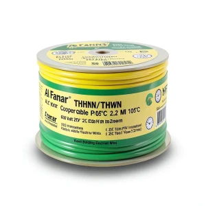 كابل نحاس THHN/THWN معزول PVC 105° قطر 2.2 مم 600 فولت 250 قدم أصفر مع أخضر | شركة الفنار