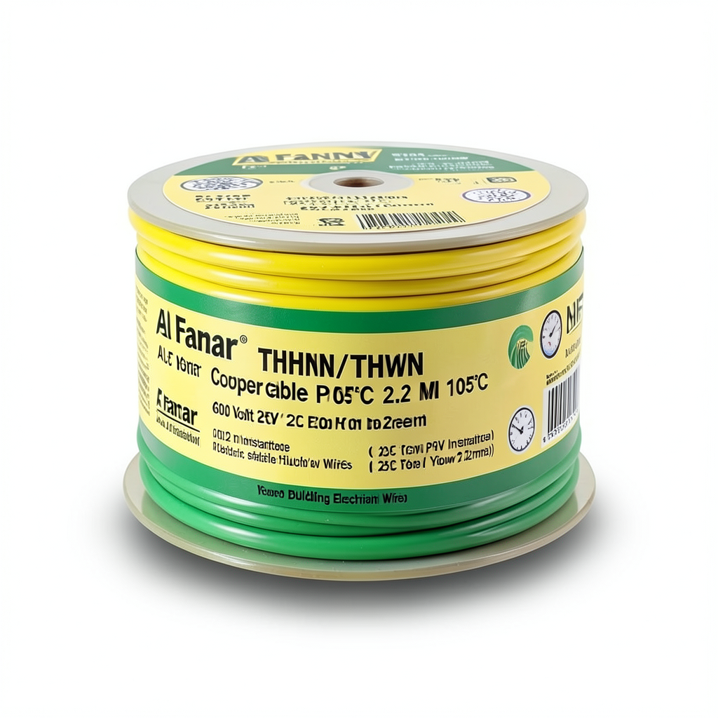 كابل نحاس THHN/THWN معزول PVC 105° قطر 2.2 مم 600 فولت 250 قدم أصفر مع أخضر | شركة الفنار