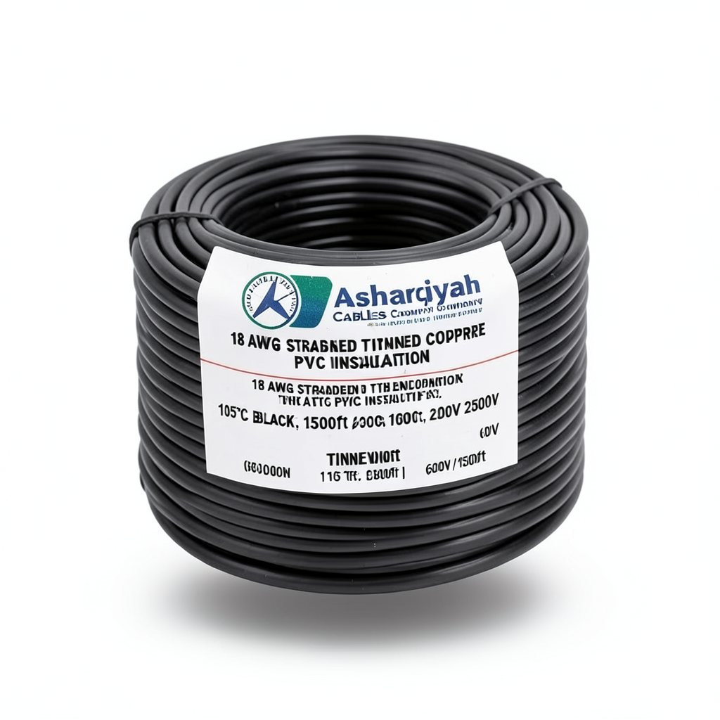 سلك نحاس مجدول 18 AWG مطلي بالقصدير، عزل PVC 105°C، اسود، 600 فولت، طول 2500 قدم | شركة كابلات الشرقية للصناعة
