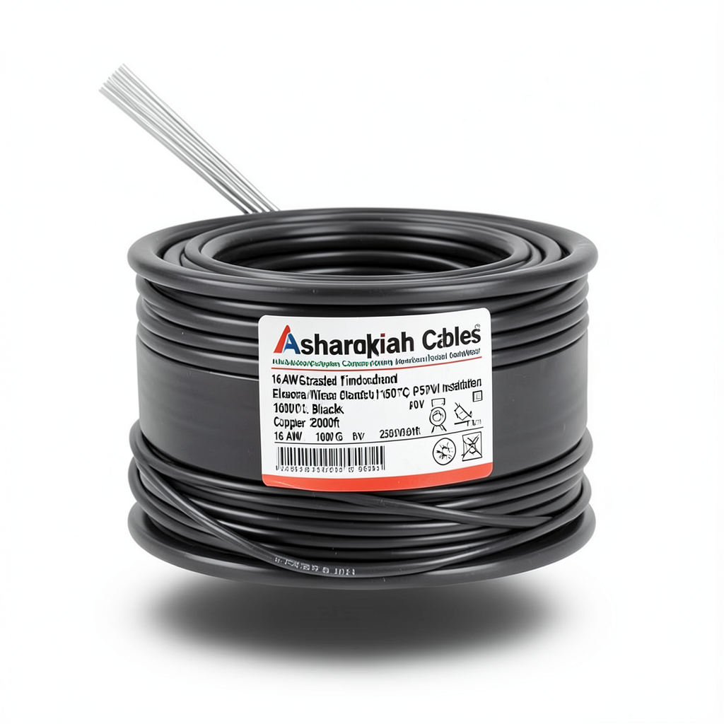 سلك كهرباء نحاس مجدول 16 AWG مطلي بالقصدير، معزول PVC (105°C)، اسود، 600 فولت، 2500 قدم | شركة كابلات الشرقية للصناعة
