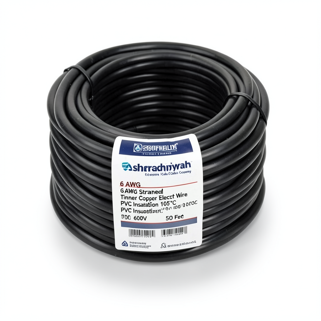 6 AWG Stranded Tinned Copper Electric Wire, PVC Insulation 105°C, Black, 600V, 500 Feet | Asharqiyah Cables Company for Industry