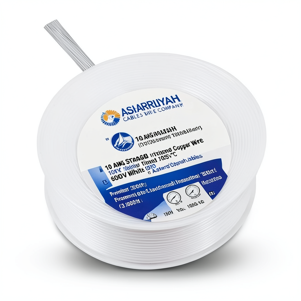 سلك نحاس مجدول 10 AWG مطلي بالقصدير عزل PVC 105°C ابيض 600 فولت طول 2500 قدم | شركة كابلات الشرقية للصناعة