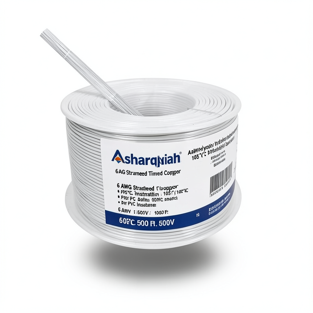 6 AWG Stranded Tinned Copper Electric Wire, PVC Insulation 105°C, White, 600V, 500 Ft | Asharqiyah Cables Company for Industry