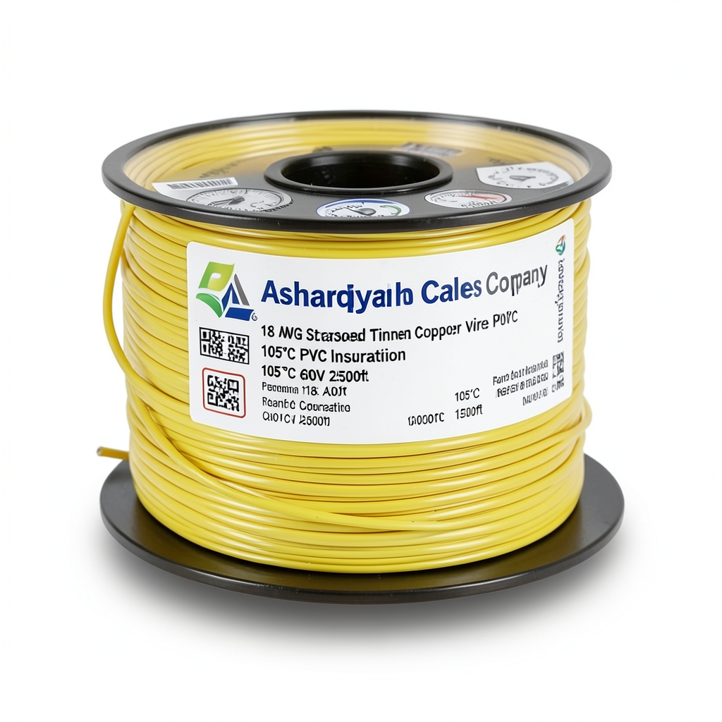 سلك نحاس مجدول 18 AWG مطلي بالقصدير عزل PVC 105°C اصفر 600 فولت طول 2500 قدم | شركة كابلات الشرقية للصناعة