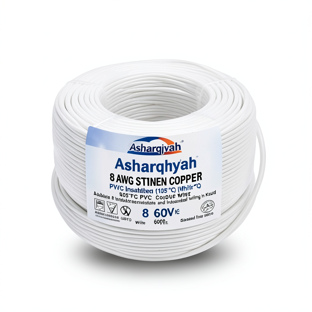 سلك كهرباء نحاس مجدول 8 AWG مطلي بالقصدير، معزول PVC (105°C)، ابيض، 600 فولت، 500 قدم | شركة كابلات الشرقية للصناعة