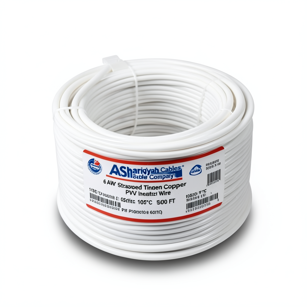 لفة سلك نحاس مجدول 6 AWG مطلي بالقصدير، عزل PVC 105°C، أبيض، 600 فولت، طول 500 قدم | شركة كابلات الشرقية للصناعة