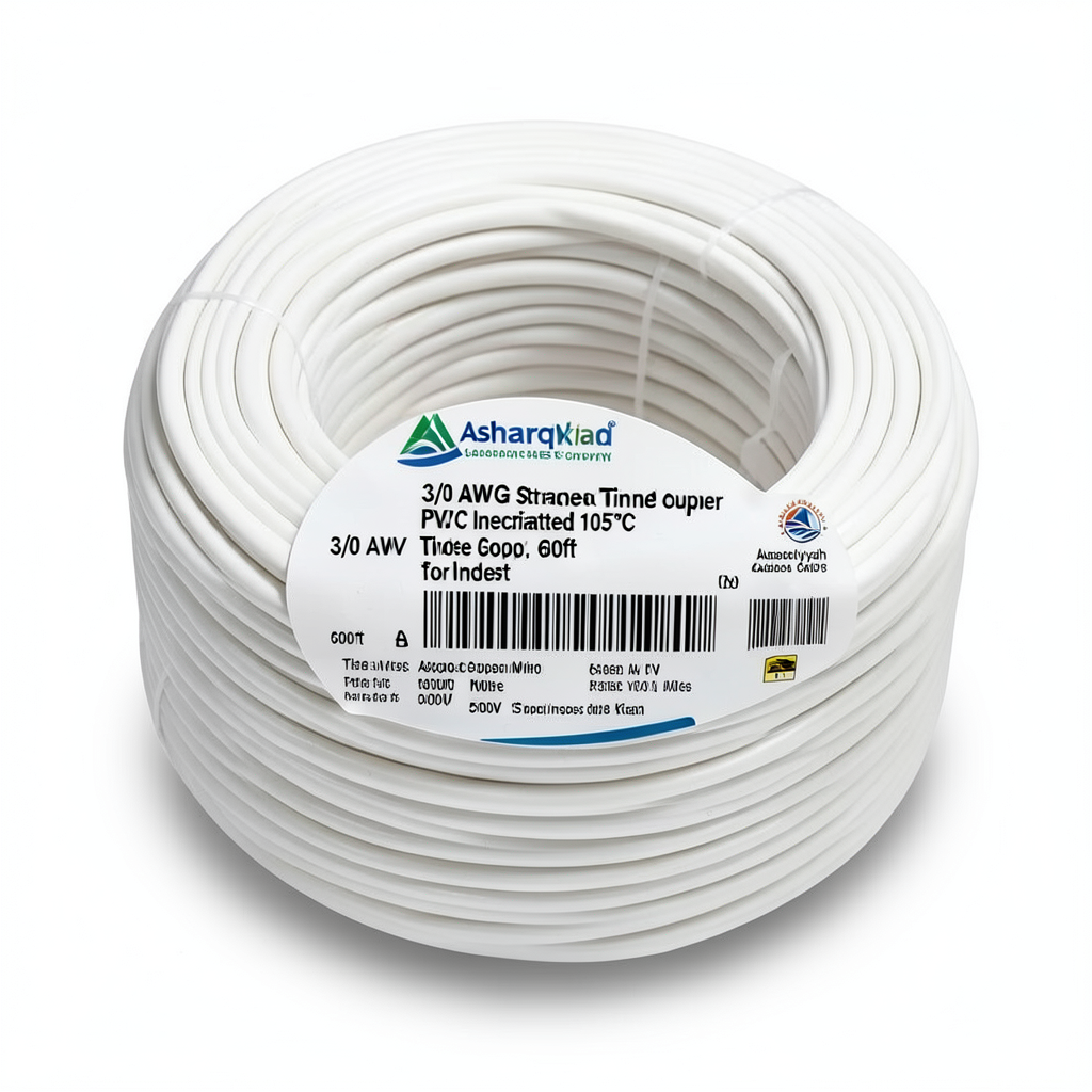 سلك كهرباء نحاس مجدول 3/0 AWG مطلي بالقصدير، معزول PVC 105°C، ابيض، 600 فولت، 500 قدم | شركة كابلات الشرقية للصناعة