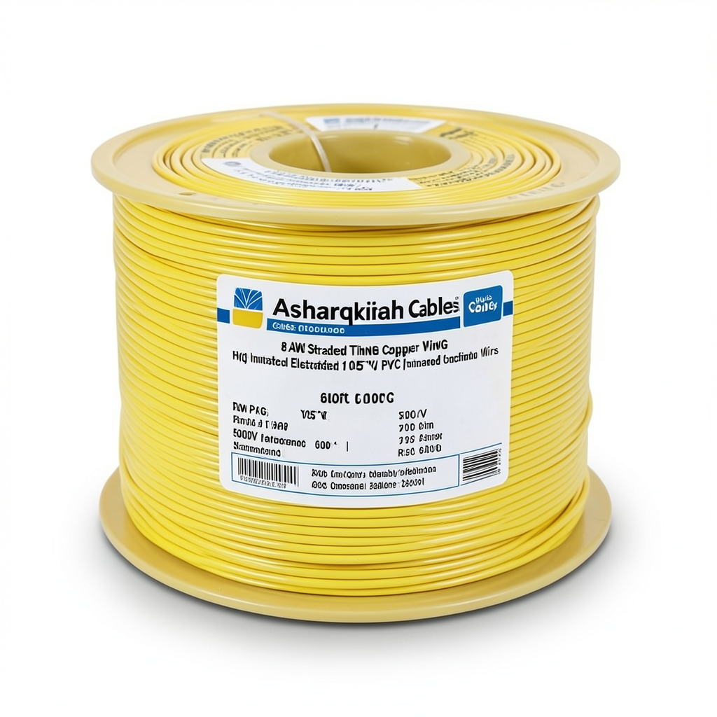 سلك كهرباء نحاس مجدول 8 AWG مطلي بالقصدير، معزول PVC 105°C، اصفر، 600 فولت، 500 قدم | شركة كابلات الشرقية للصناعة