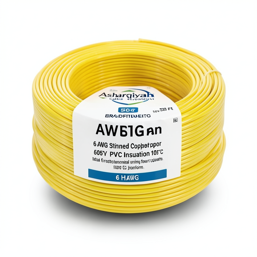 لفة سلك نحاس مجدول 6 AWG مطلي بالقصدير، عزل PVC 105°C، اصفر، 600 فولت، 500 قدم | شركة كابلات الشرقية للصناعة