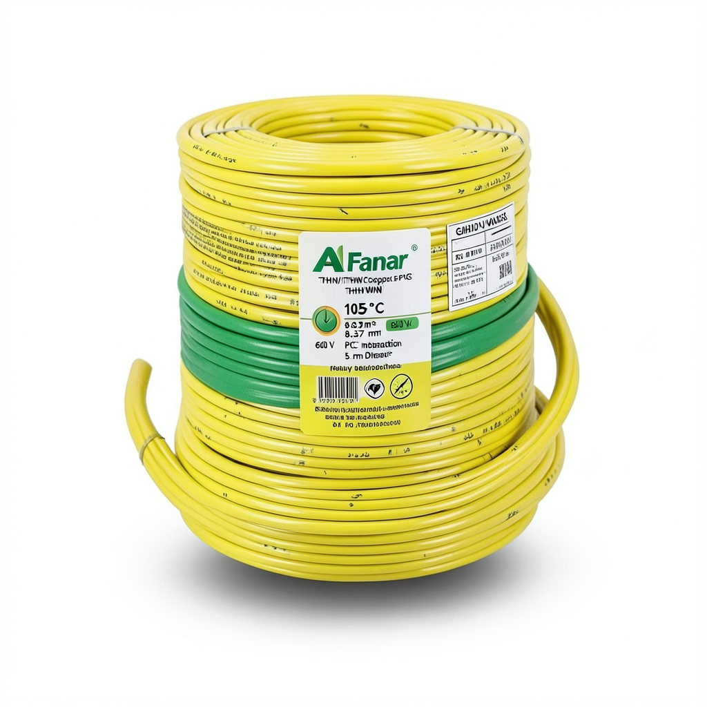 كابل نحاس THHN/THWN عزل PVC 105°C مقاس 8.37 مم² قطر 5.5 مم 600 فولت طول 300 قدم أصفر مع أخضر | شركة الفنار