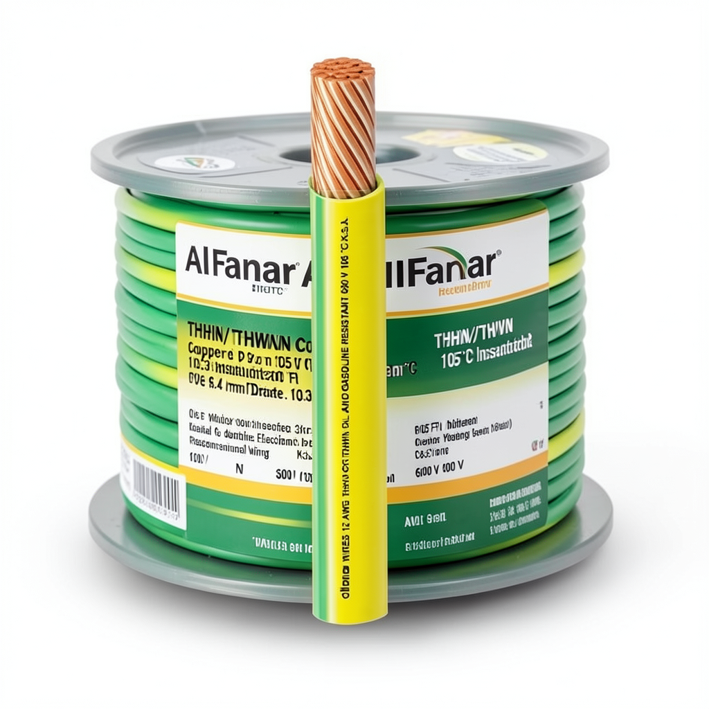 كابل نحاس THHN/THWN معزول PVC °105 13.3 مم² مقاس 6.4 مم قطر 600 فولت طول 300 قدم أصفر مع أخضر | شركة الفنار