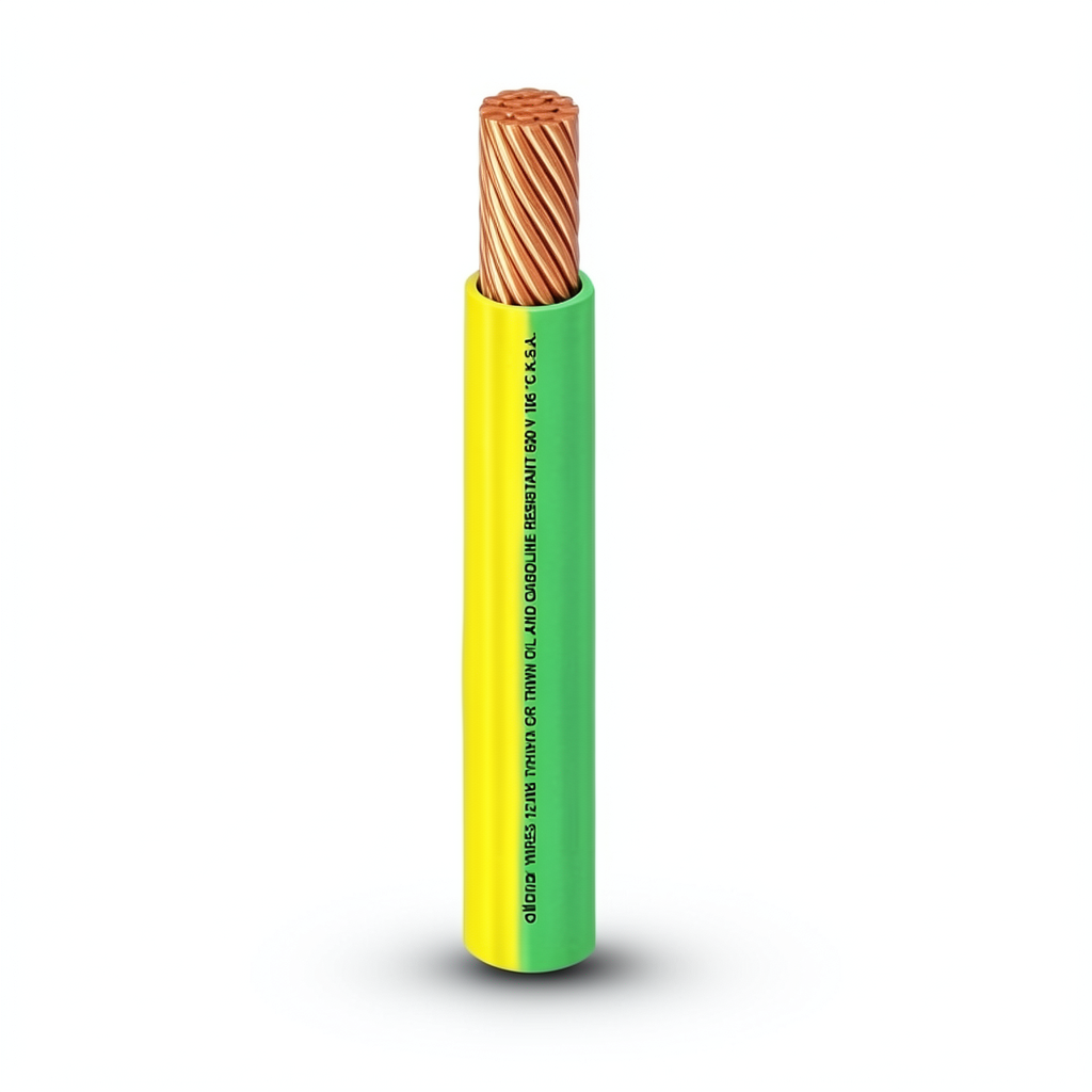 كابل نحاس THHN/THWN مقاس 13.3 مم² معزول PVC 105 درجة مئوية قطر 6.4 مم 600 فولت طول 250 قدم أصفر مع أخضر | شركة الفنار