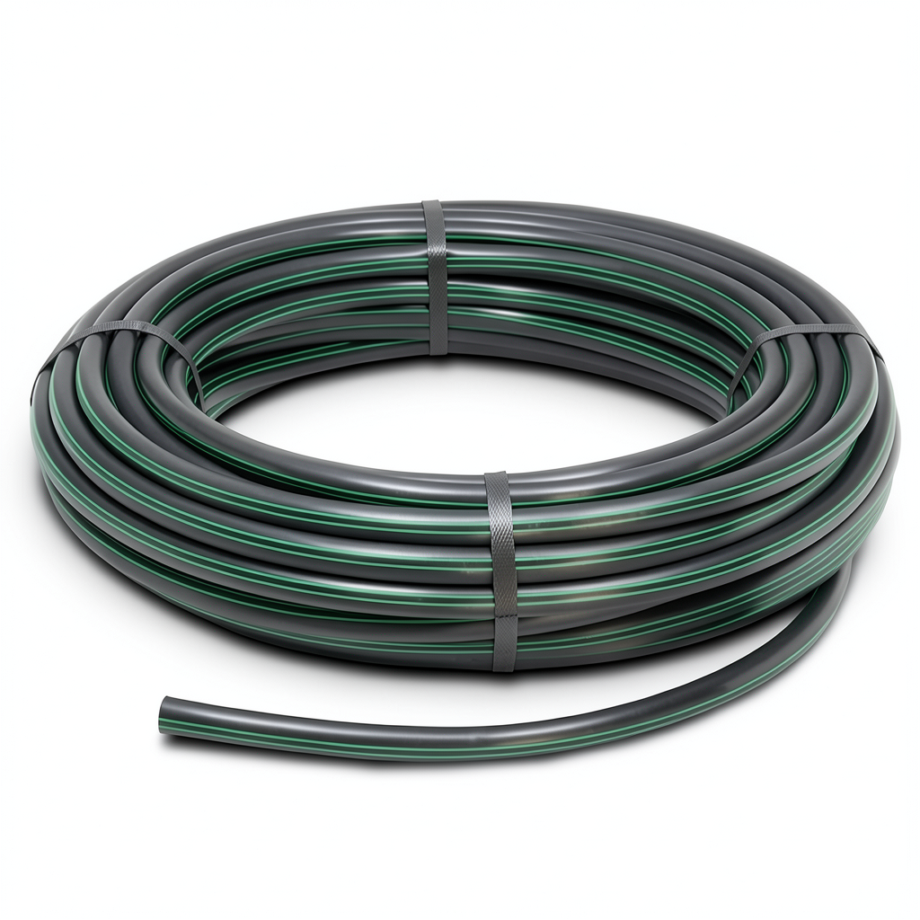 لفة أنابيب HDPE ضغط 9.8 بار PE 63 قطر خارجي 20 مم SDR 9 لون أسود مع خط أخضر