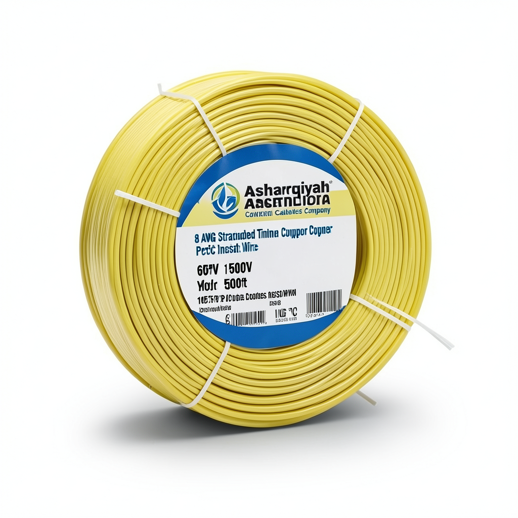 سلك كهرباء نحاس مجدول 8 AWG مطلي بالقصدير، معزول PVC 105°C، اصفر، 600 فولت، 500 قدم | شركة كابلات الشرقية للصناعة