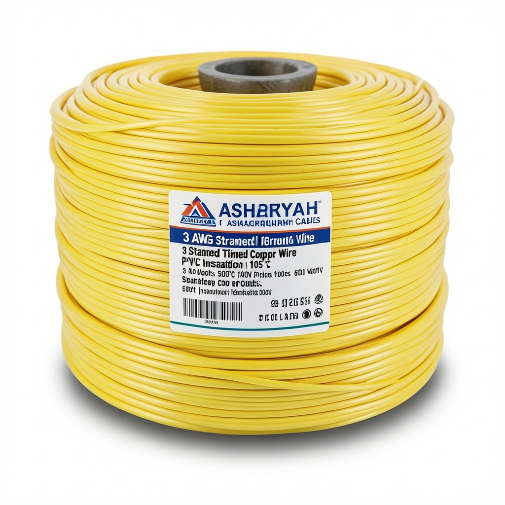 سلك نحاس مجدول 3 AWG مطلي بالقصدير، عزل PVC 105°C، اصفر، 600 فولت، 500 قدم | شركة كابلات الشرقية للصناعة