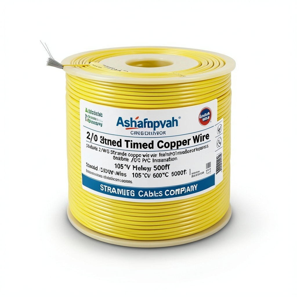 سلك نحاس مجدول 2/0 AWG مطلي بالقصدير عزل PVC 105°C اصفر 600 فولت 500 قدم | شركة كابلات الشرقية للصناعة
