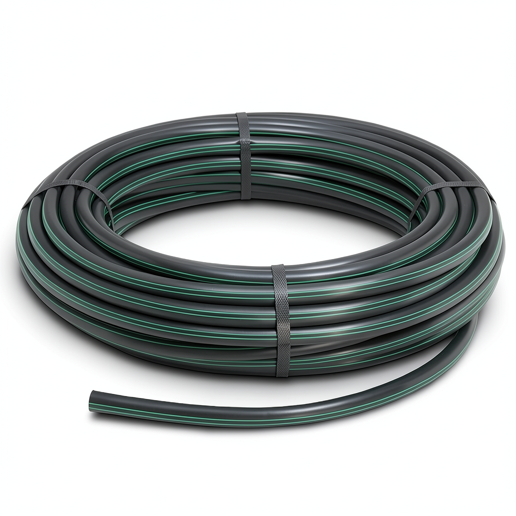 لفة أنابيب بلاستيك HDPE ضغط 9.8 بار PE 63 قطر خارجي 32 مم SDR 9 أسود مع خطوط خضراء