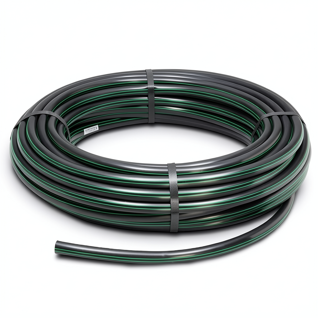 HDPE Plastic Coil Pipe Nominal Pressure 9.8 Bar PE63 OD 50 mm SDR 9 Black with Green Stripes