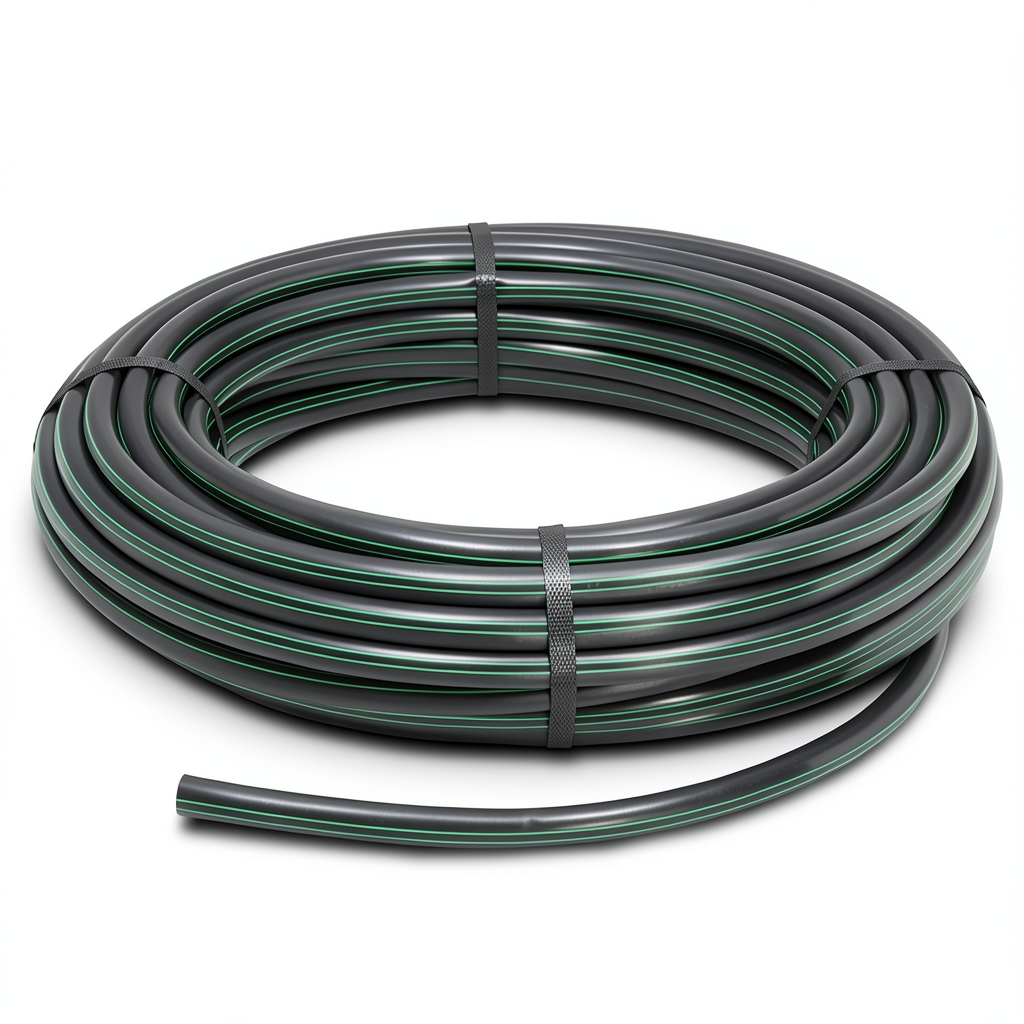 لفة أنابيب HDPE ضغط 9.8 بار PE 63 قطر خارجي 20 مم SDR 9 لون أسود مع خط أخضر