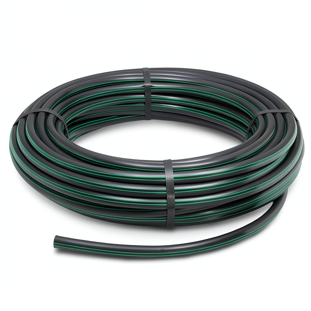 لفة أنابيب بلاستيك HDPE ضغط 9.8 بار PE 63 قطر خارجي 32 مم SDR 9 أسود مع خطوط خضراء
