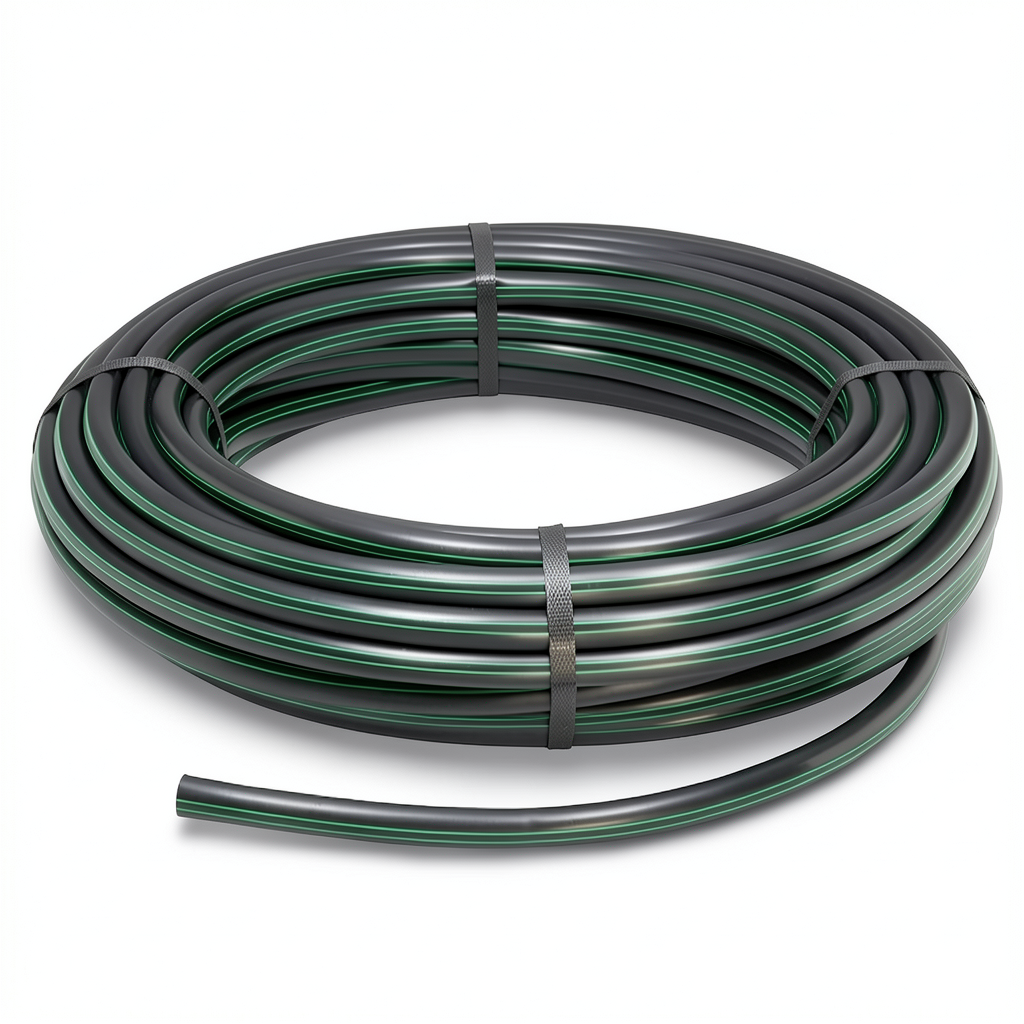 HDPE Plastic Coil Pipe PN 9.8 Bar PE 63 75 mm SDR 9 Black with Green Stripes