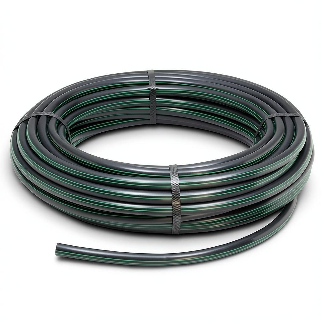 لفة أنابيب HDPE ضغط اسمي 9.8 بار PE63 قطر خارجي 50 مم SDR 9 أسود مع خطوط خضراء