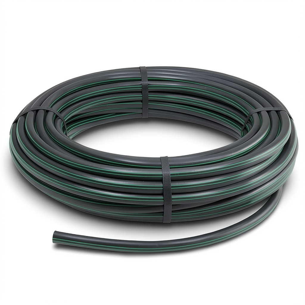 HDPE Plastic Coil Pipe PN 9.8 Bar PE 63 75 mm SDR 9 Black with Green Stripes