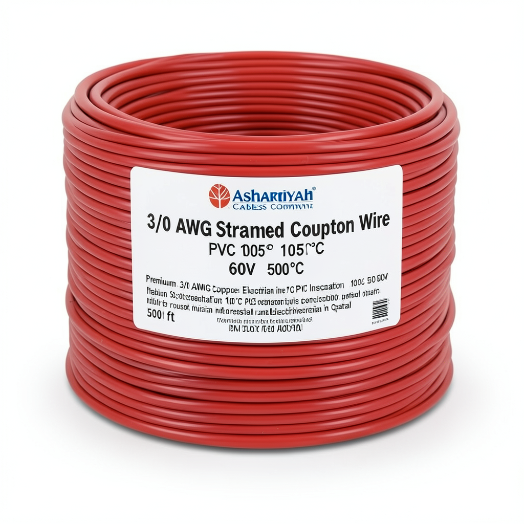 سلك كهربائي نحاس مجدول 3/0 AWG، عازل PVC 105°C، أحمر، 600 فولت، 500 قدم | شركة كابلات الشرقية للصناعة