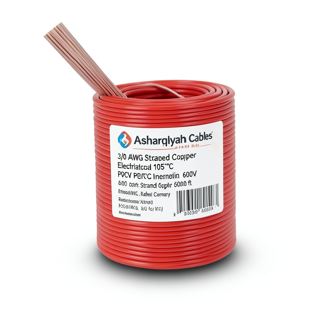 سلك كهربائي نحاس مجدول 3/0 AWG، عازل PVC 105°C، أحمر، 600 فولت، 500 قدم | شركة كابلات الشرقية للصناعة