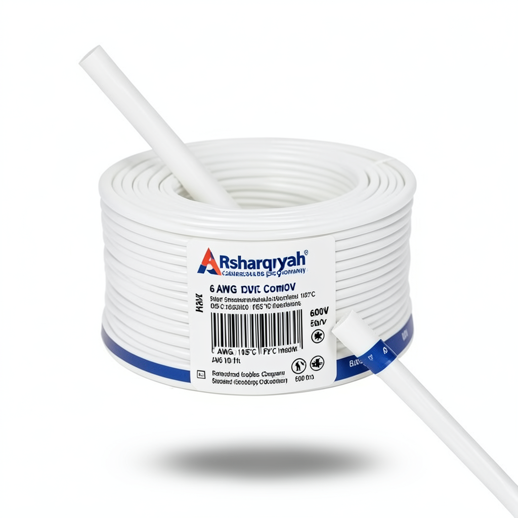 سلك كهرباء امريكي 6 AWG نحاس مجدول معزول PVC 105°C أبيض، 600 فولت، 500 قدم | شركة كابلات الشرقية للصناعة