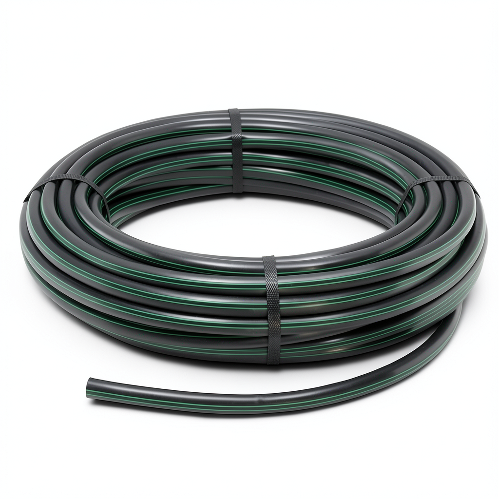 لفة أنابيب HDPE ضغط اسمي 9.8 بار PE63 قطر خارجي 90 مم SDR 9 أسود مع خطوط خضراء