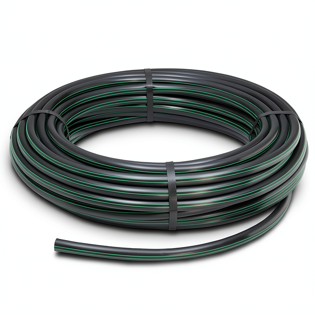 لفة أنابيب بلاستيك HDPE ضغط 9.8 بار PE 63، قطر 125 مم، أسود مع خطوط خضراء