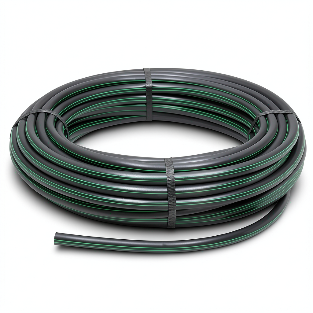 لفة أنابيب بلاستيك HDPE ضغط 9.8 بار PE 63، قطر خارجي 140 مم SDR 9 أسود مع خطوط خضراء