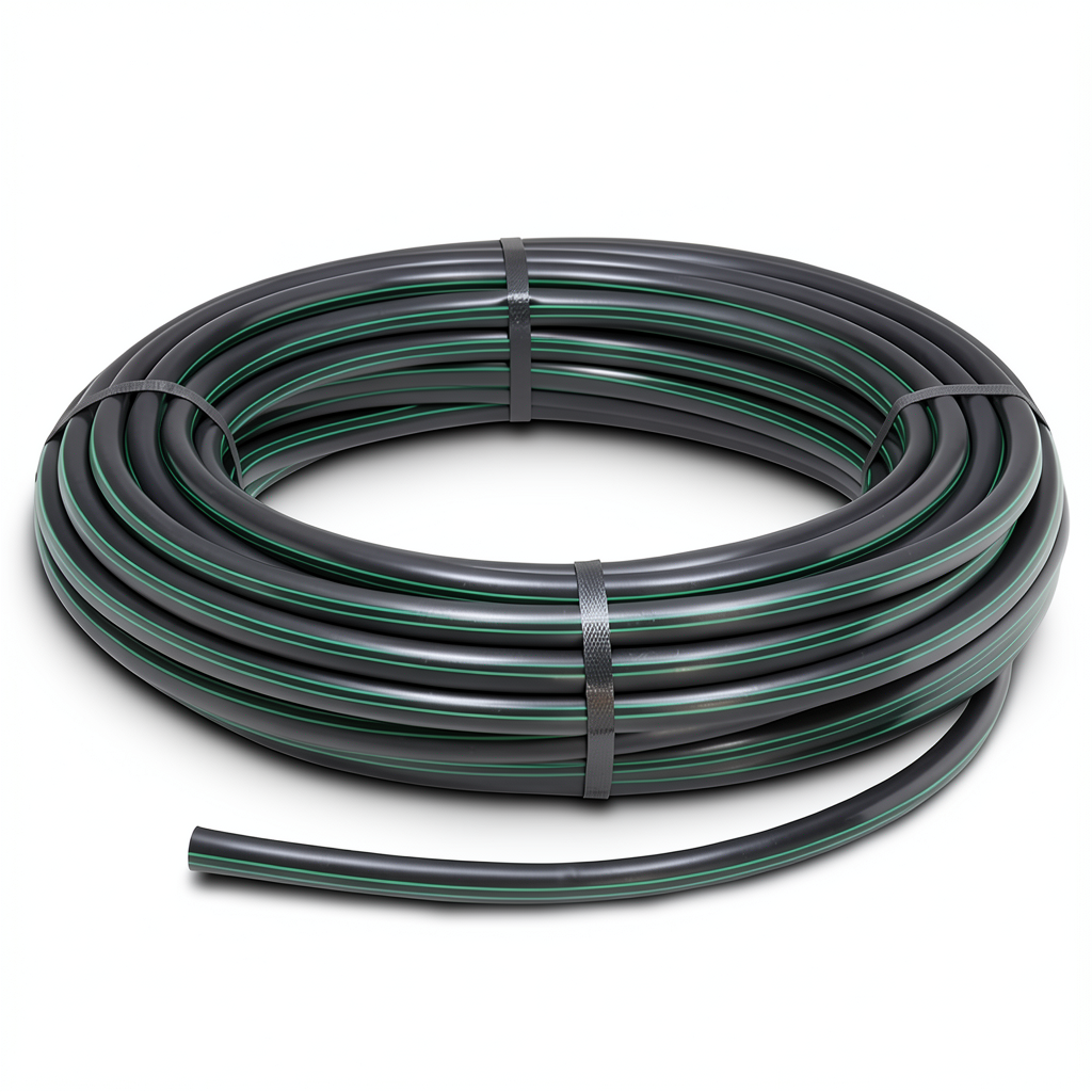لفة أنابيب HDPE ضغط 15.7 بار PE 63، قطر خارجي 16 مم SDR 6 أسود مع خط أخضر
