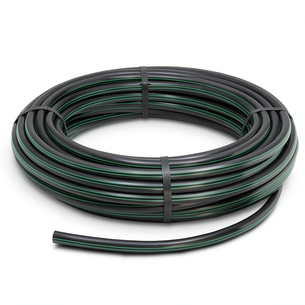 لفة أنابيب HDPE ضغط 15.7 بار PE 63 قطر خارجي 20 مم SDR 6 أسود مع خطوط خضراء