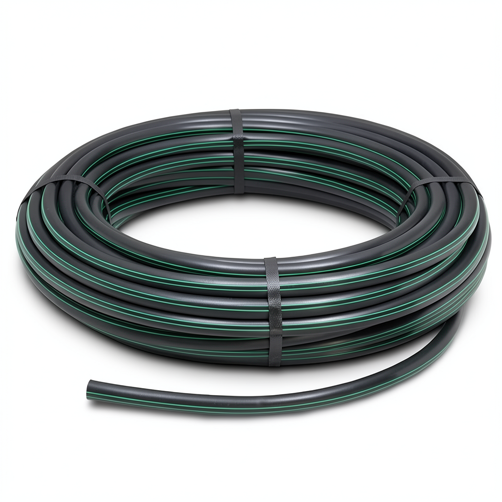 لفة أنابيب بلاستيك HDPE ضغط 15.7 بار PE63 قطر خارجي 25 مم SDR 6 أسود مع خطوط خضراء