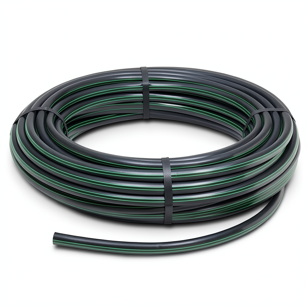 لفة أنابيب بلاستيك HDPE ضغط 15.7 بار PE 63 قطر خارجي 32 مم SDR 6 أسود مع خطوط خضراء
