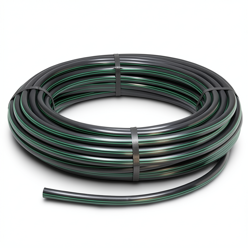 لفة أنابيب HDPE ضغط 15.7 بار PE 63 قطر خارجي 50 مم SDR 6 أسود مع خط أخضر