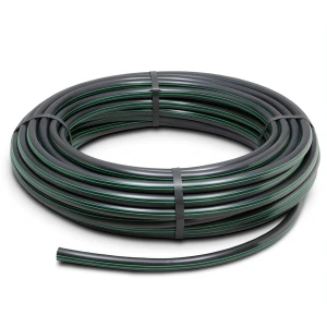 لفة أنابيب HDPE ضغط اسمي 9.8 بار PE63 قطر خارجي 90 مم SDR 9 أسود مع خطوط خضراء