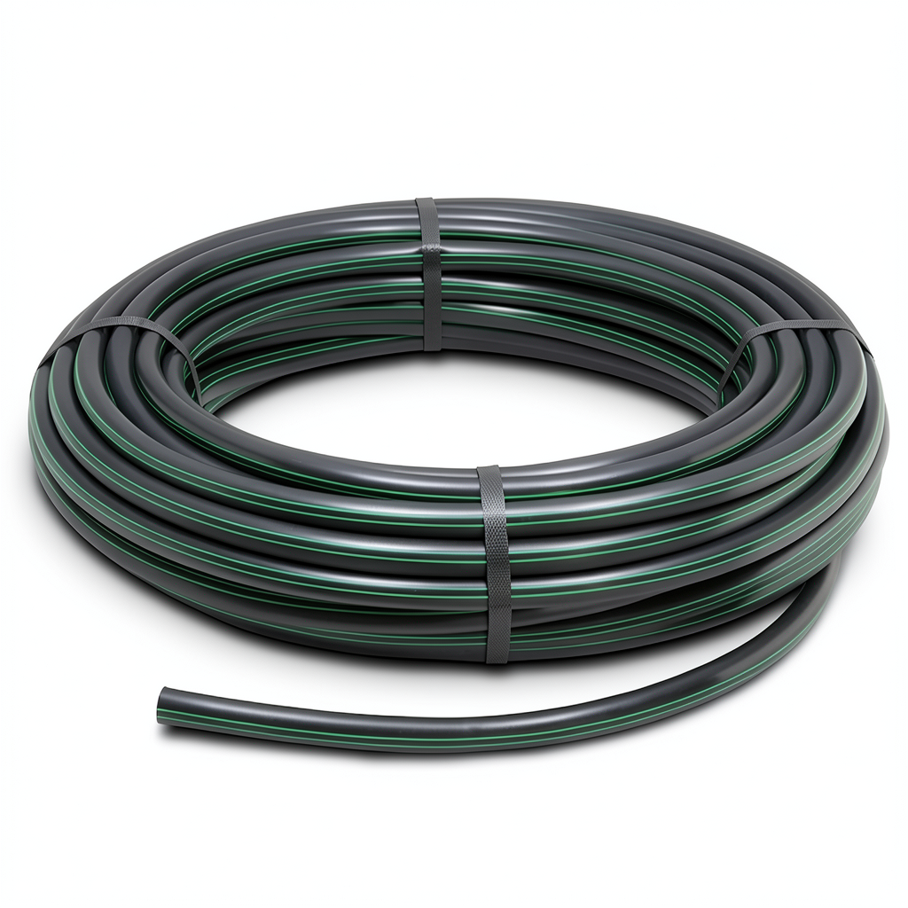لفة أنابيب HDPE ضغط اسمي 9.8 بار PE63 قطر خارجي 90 مم SDR 9 أسود مع خطوط خضراء