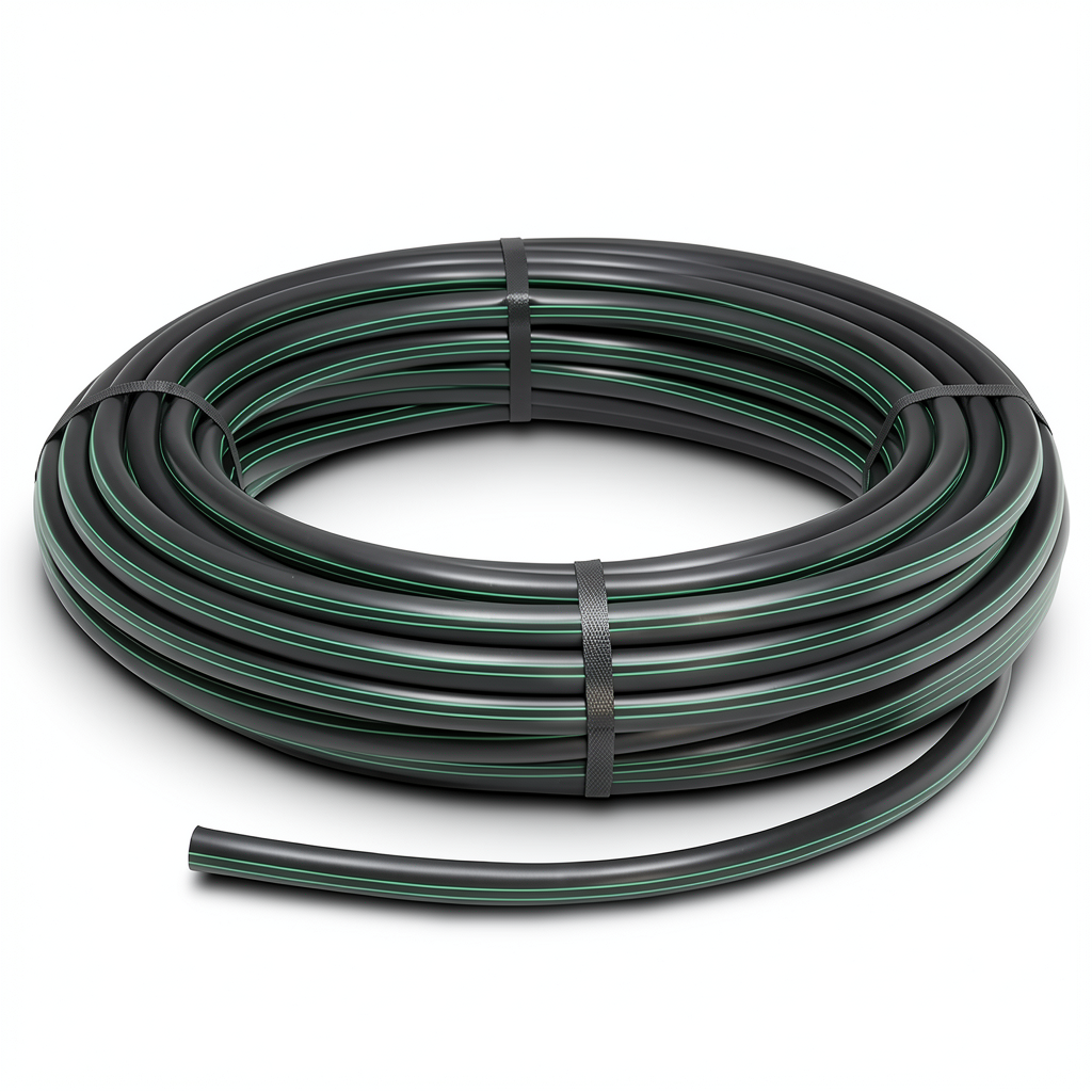 HDPE Plastic Coil Pipe PN 9.8 Bar PE 63, 125 mm Diameter, Black with Green Stripes