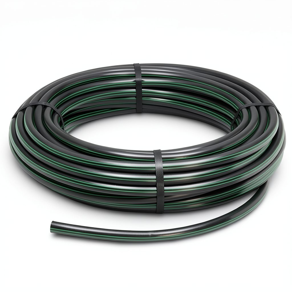 HDPE Plastic Coil Pipe PN 9.8 Bar PE 63, 140 mm Diameter SDR 9 Black with Green Stripes